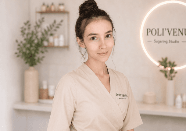 Polina, a professional sugaring specialist in her studio
